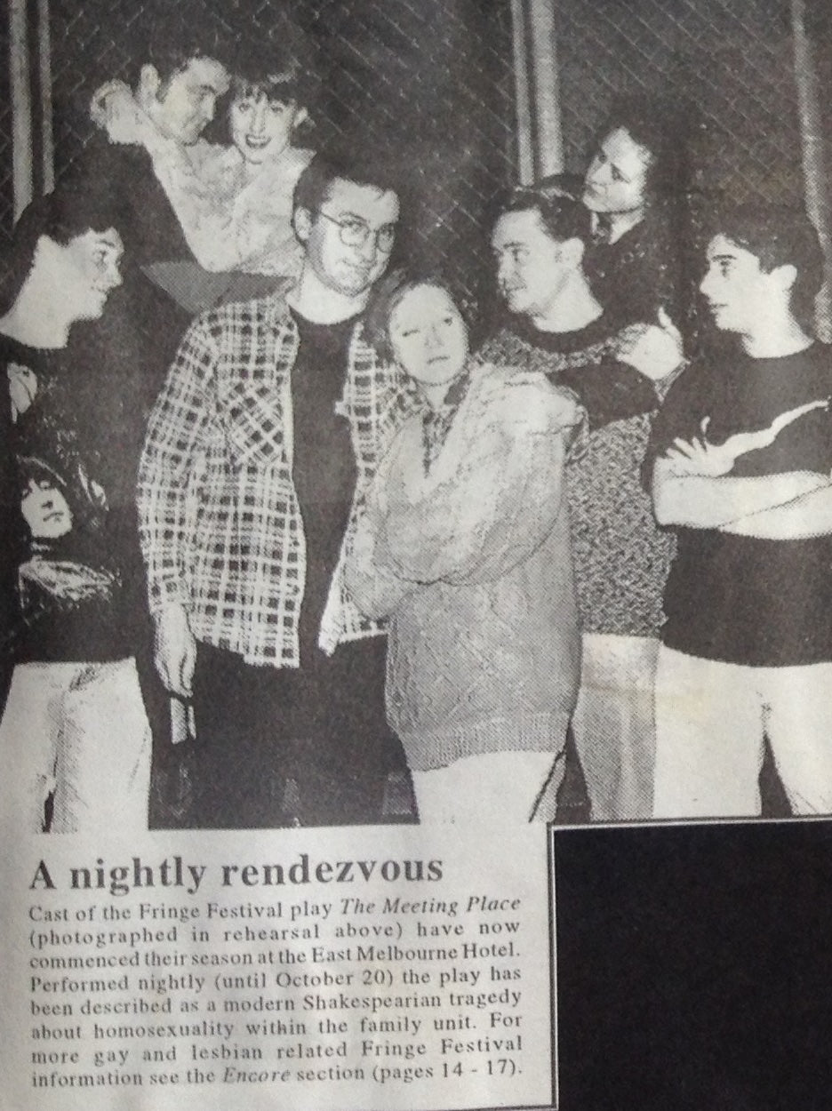 Vintage newspaper clipping featuring a group of people in a social setting with text about a Fringe Festival play.